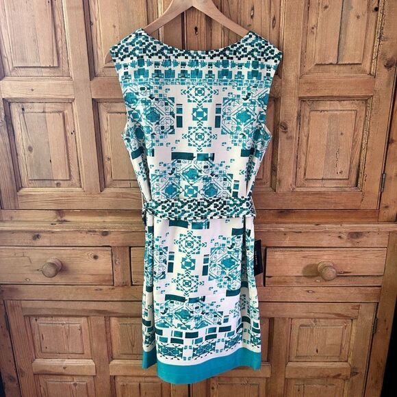 The Limited Size Small Cream Turquoise Blue Shift Dress Sleeveless Belted NWT - Picture 7 of 12